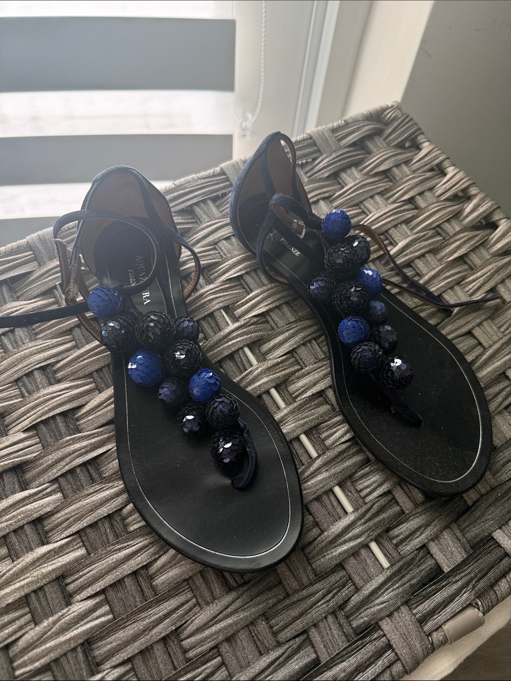 Aquazzura Black and Blue Beaded Tie Sandals